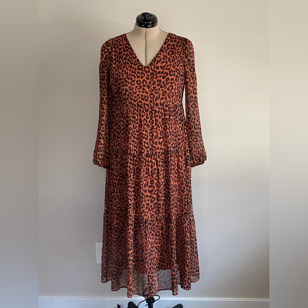 Leopard Print Tiered V-Neck Midi Dress Size